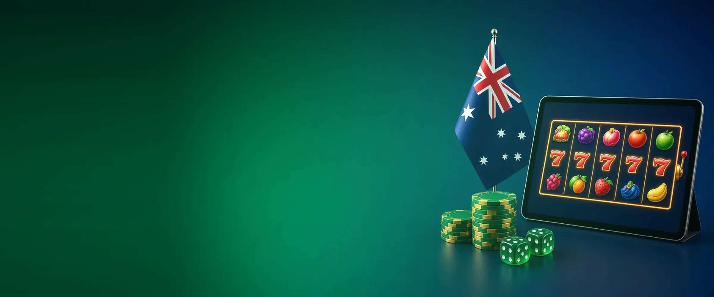 Australian flag, chips and a tablet with pokies, best AU casinos by BV.Casino