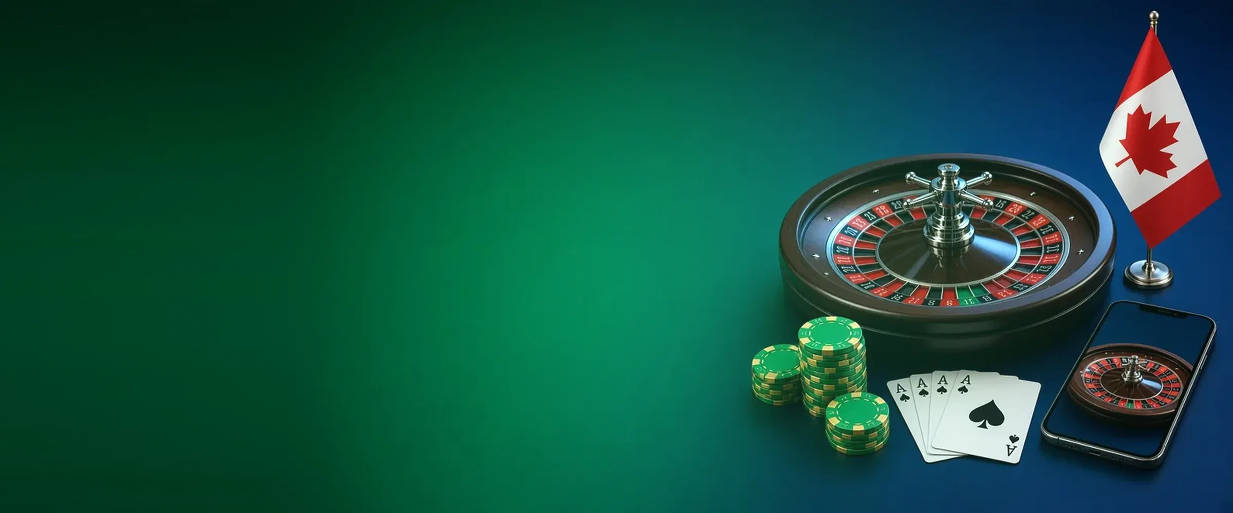 Canadian flag, roulette wheel, chips and a phone, best Canadian casinos by BV.Casino