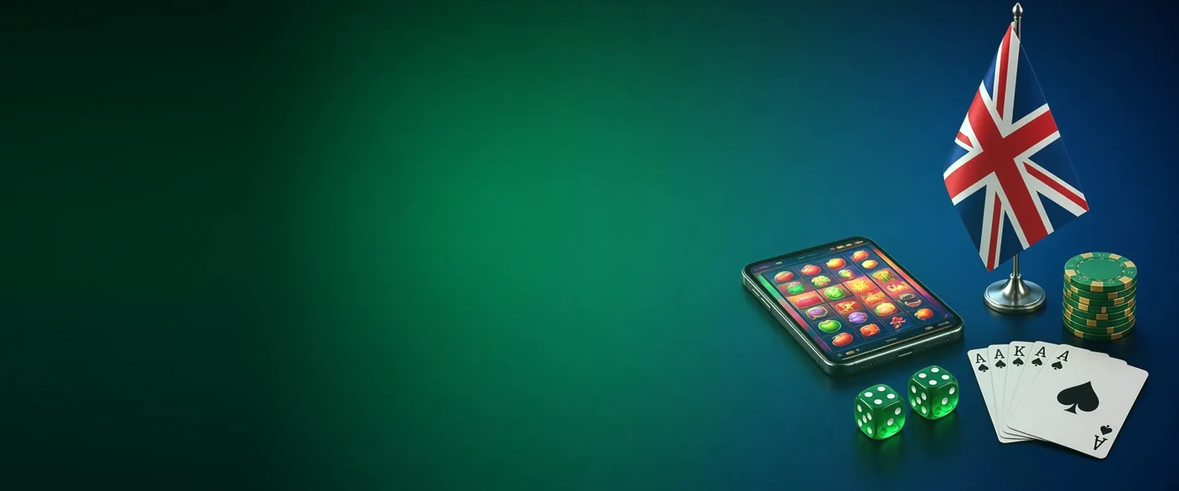 UK flag, chips, cards and a tablet with slots, best UK casino sites by BV.Casino