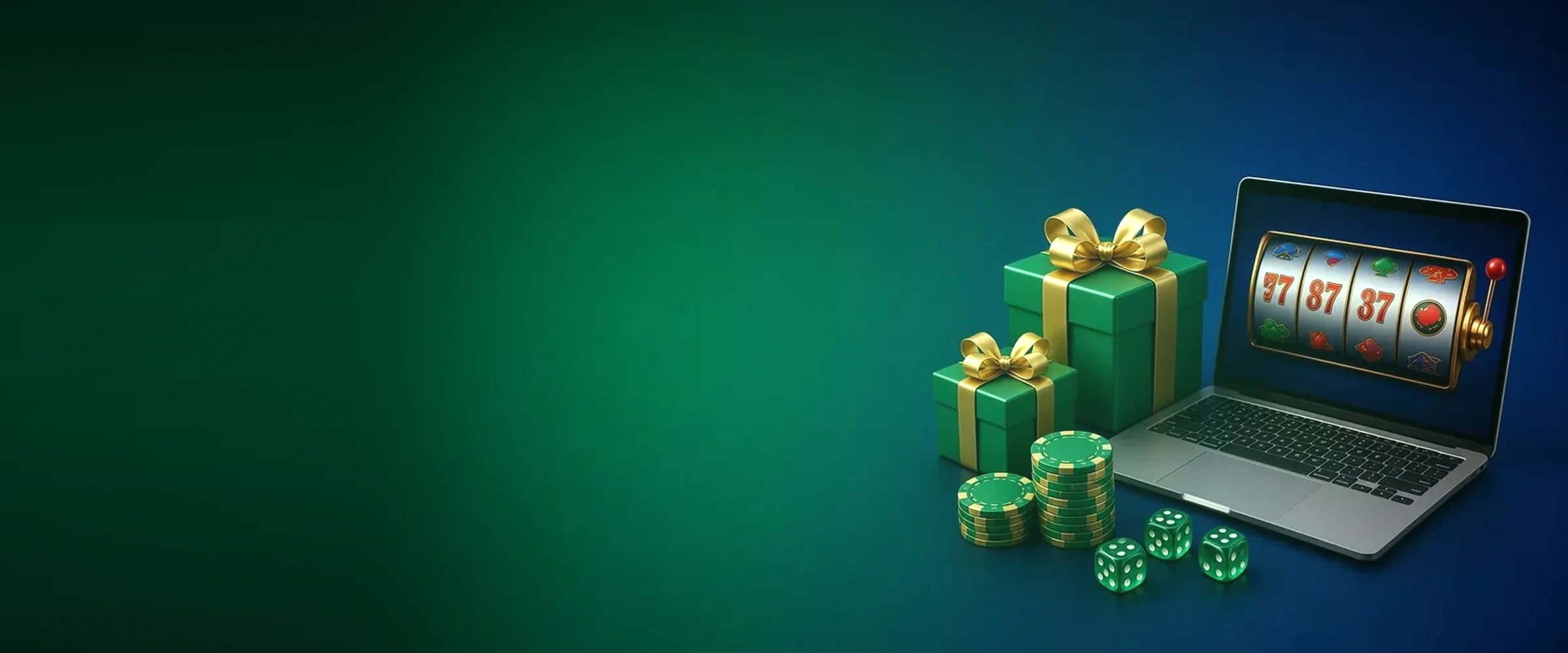 Gift boxes, coins and free spin tokens next to a laptop with a slot game, online casino bonuses by BV.Casino