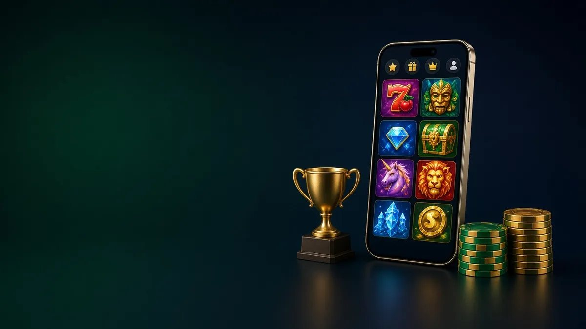 Phone with a casino lobby, trophy and chips by BV.Casino