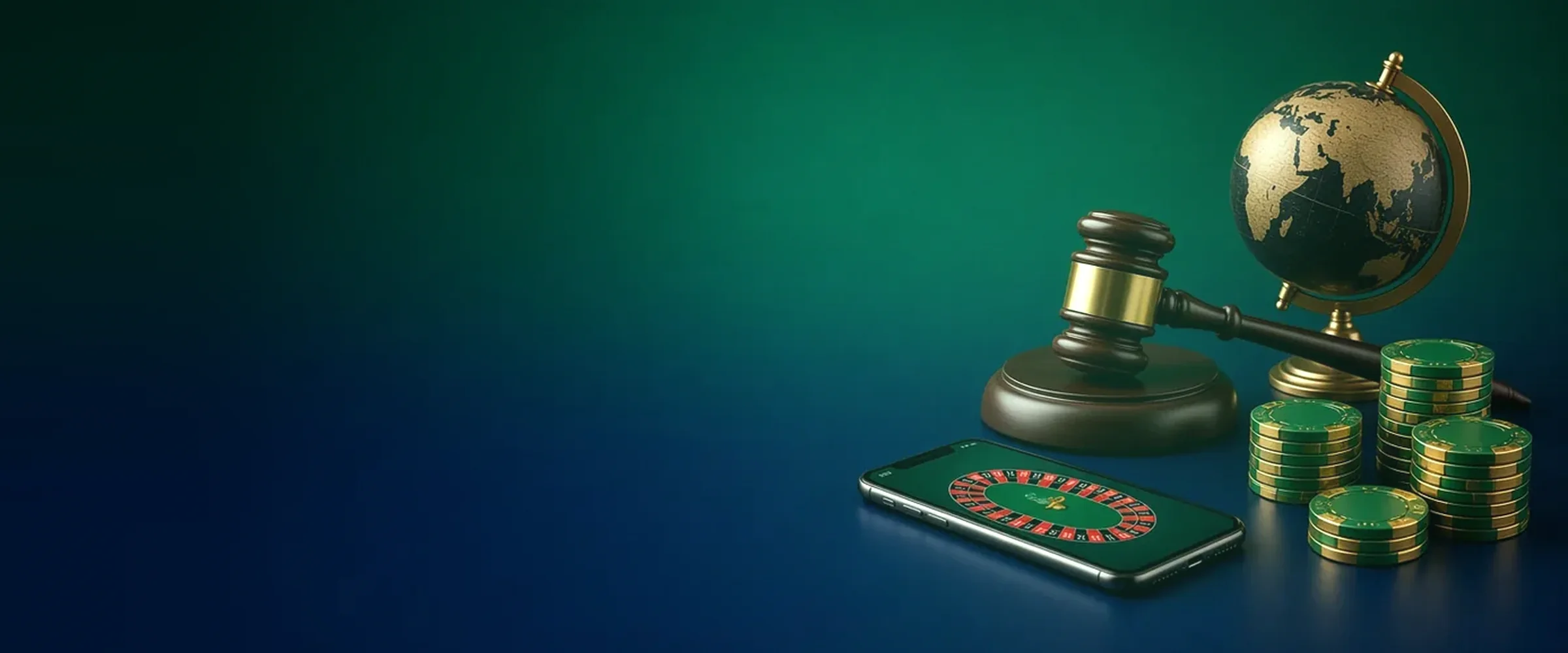 Gavel, globe and a phone with a roulette game, gambling laws guide by BV.Casino