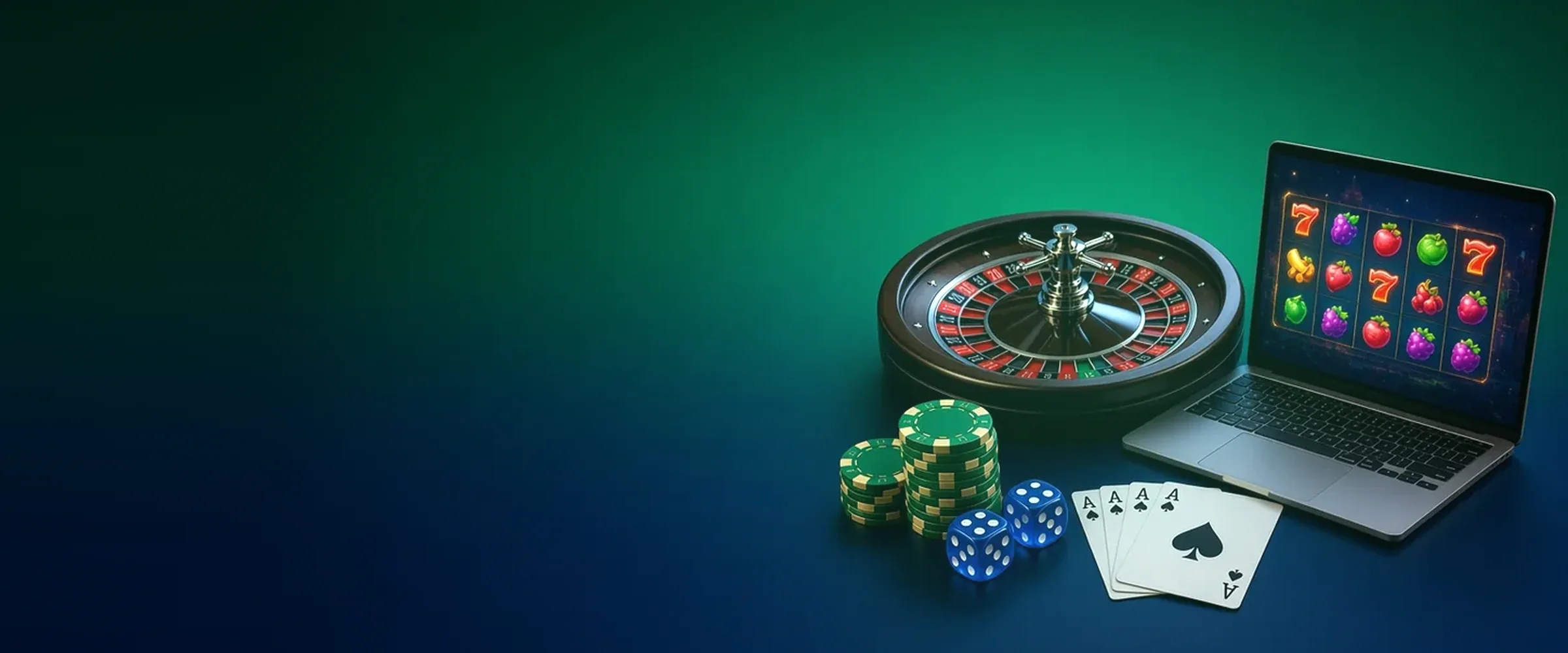 Roulette wheel, chips, cards and a laptop with slots, BV Casino games