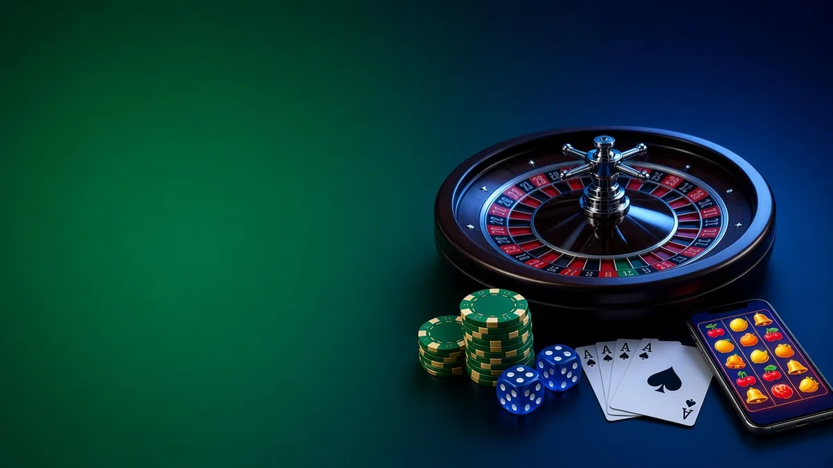Roulette wheel, casino chips, cards and a phone with slots by BV.Casino