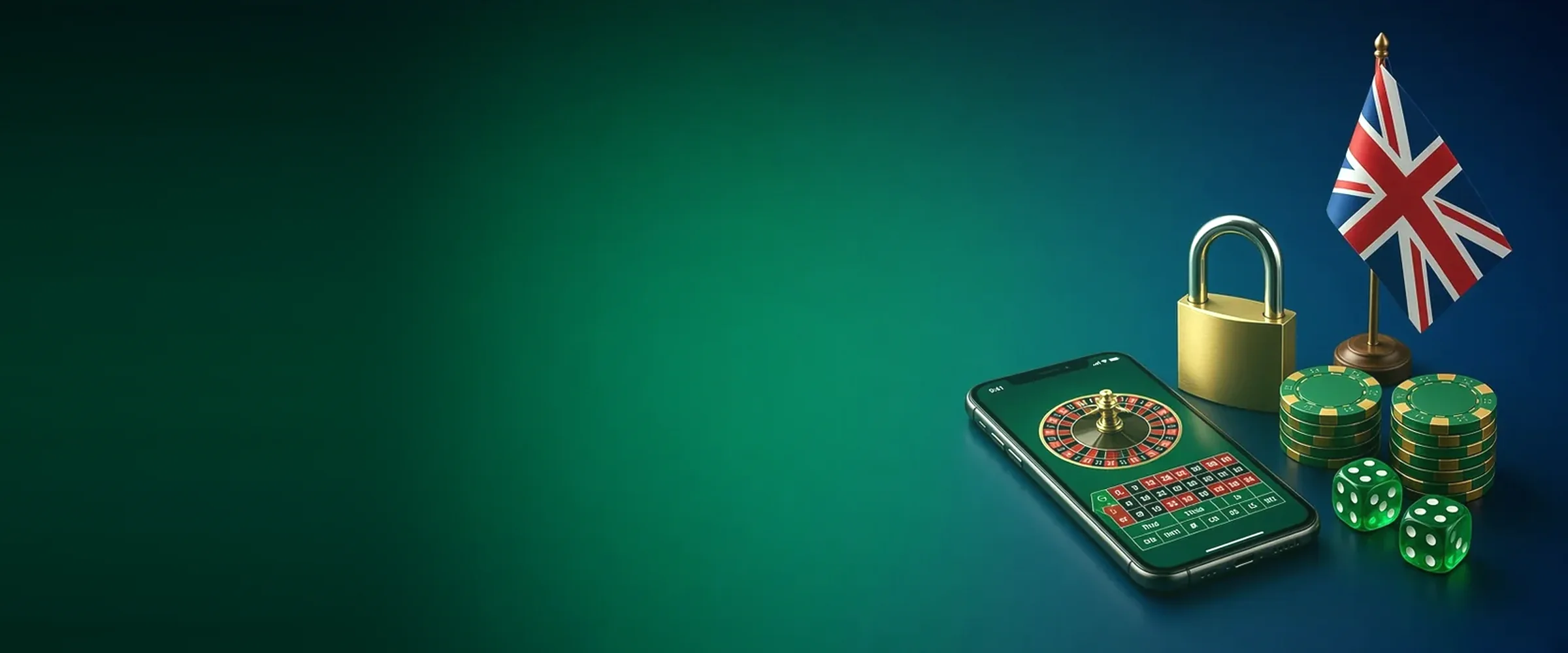 UK flag, padlock, chips and a phone with roulette, non-GamStop casinos by BV.Casino