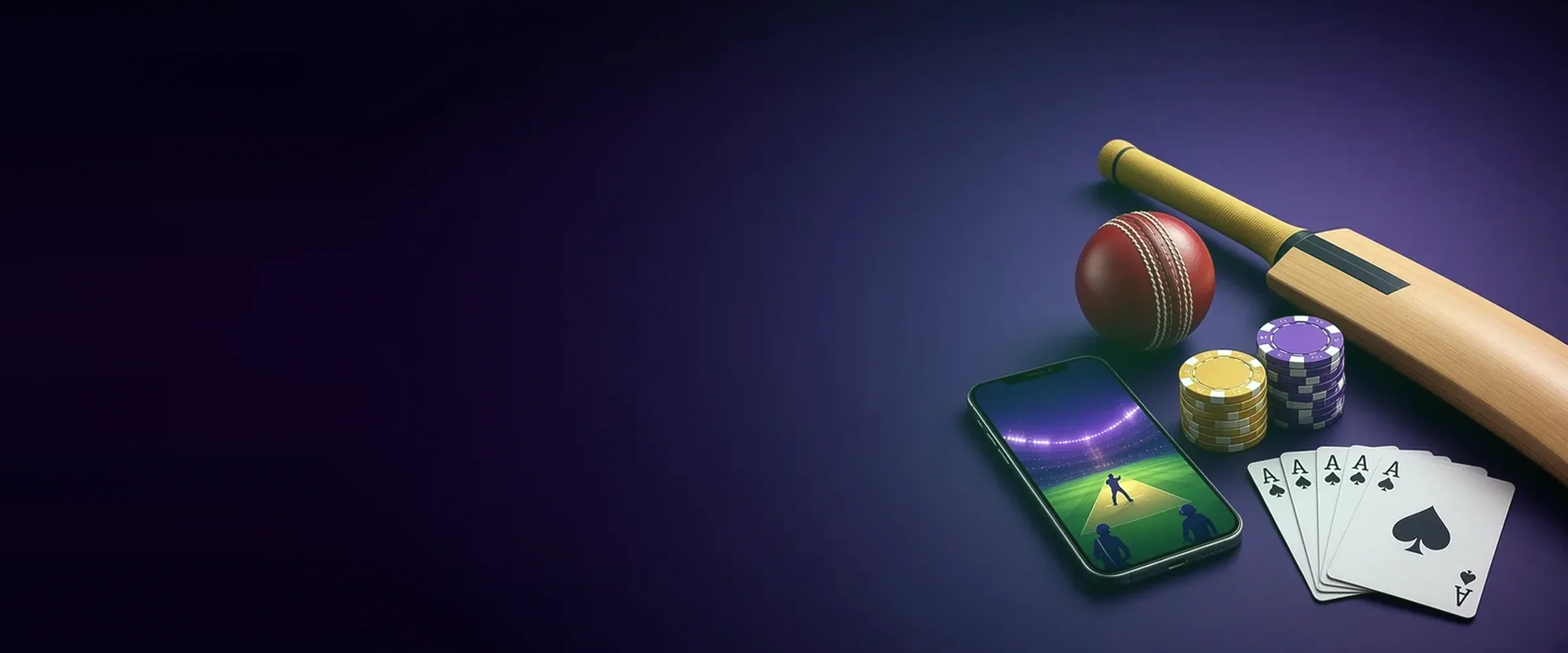 Cricket bat, ball and playing cards with a betting app on phone, Rajbet
