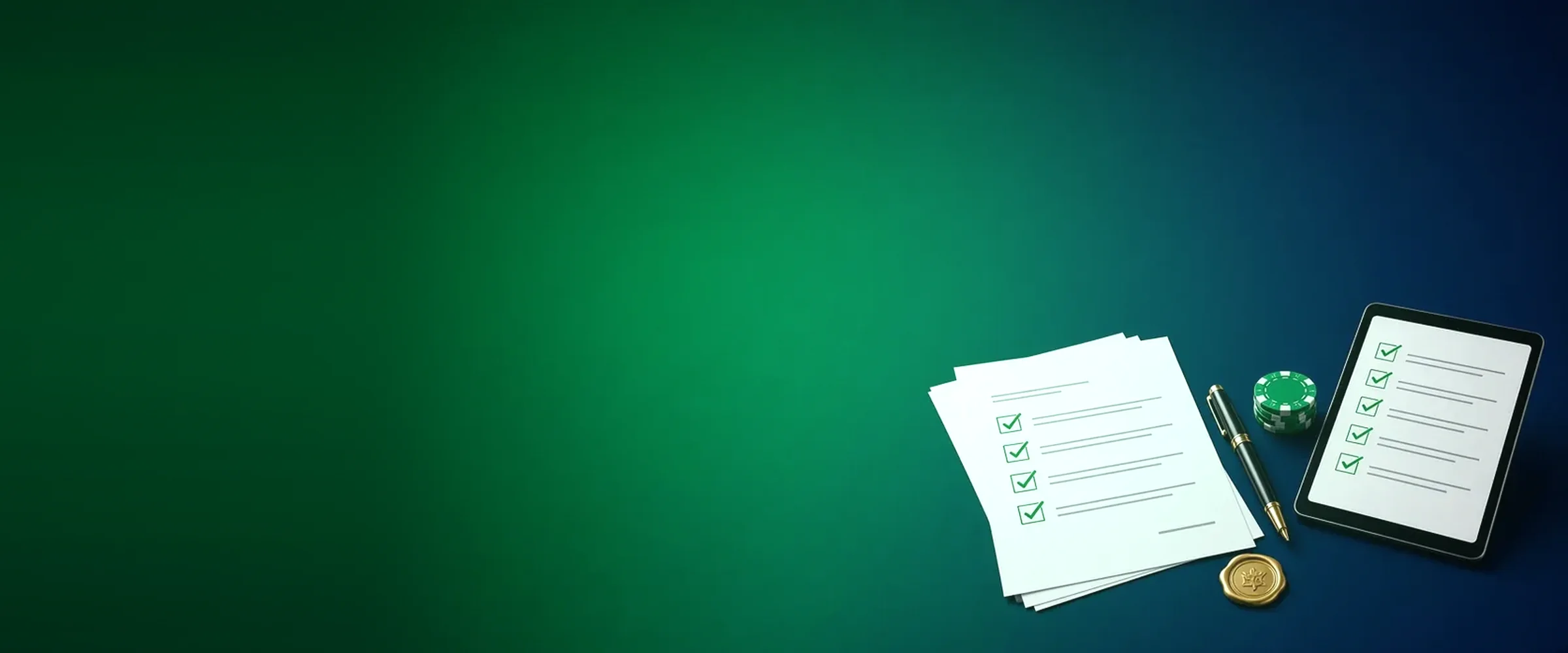 Documents with checkmarks, a pen and a tablet, terms and conditions