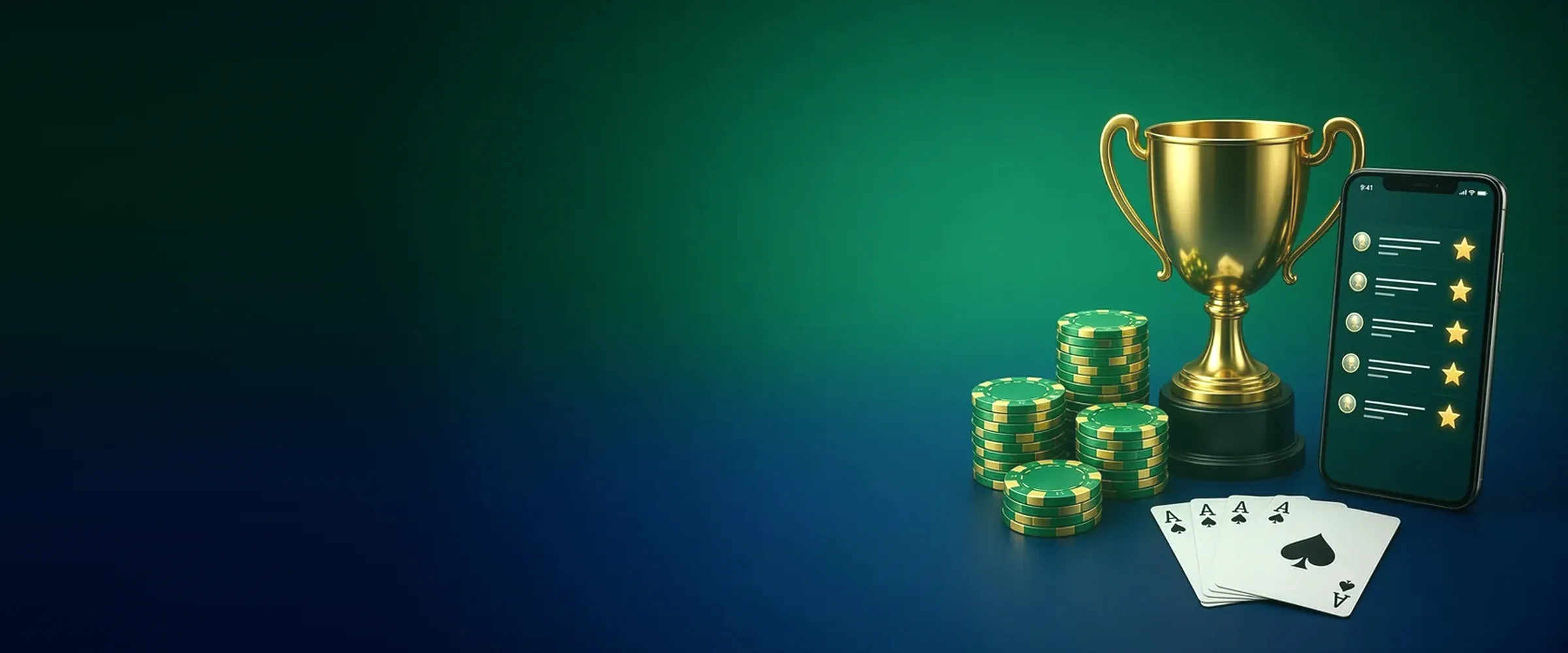 Gold trophy, casino chips and a phone with ranked casinos, top online casinos by BV.Casino