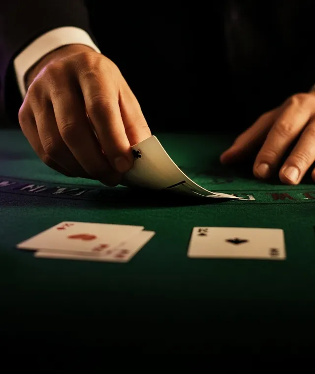 A close-up of a dealer dealing cards at a casino table